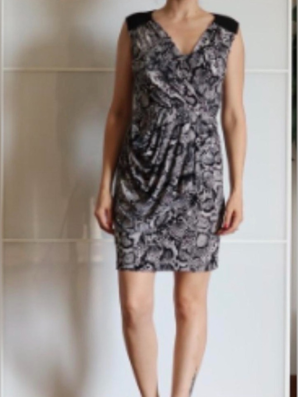 BCBGMaxAzria Black and Gray Asymmetrical Snake Print Dress
